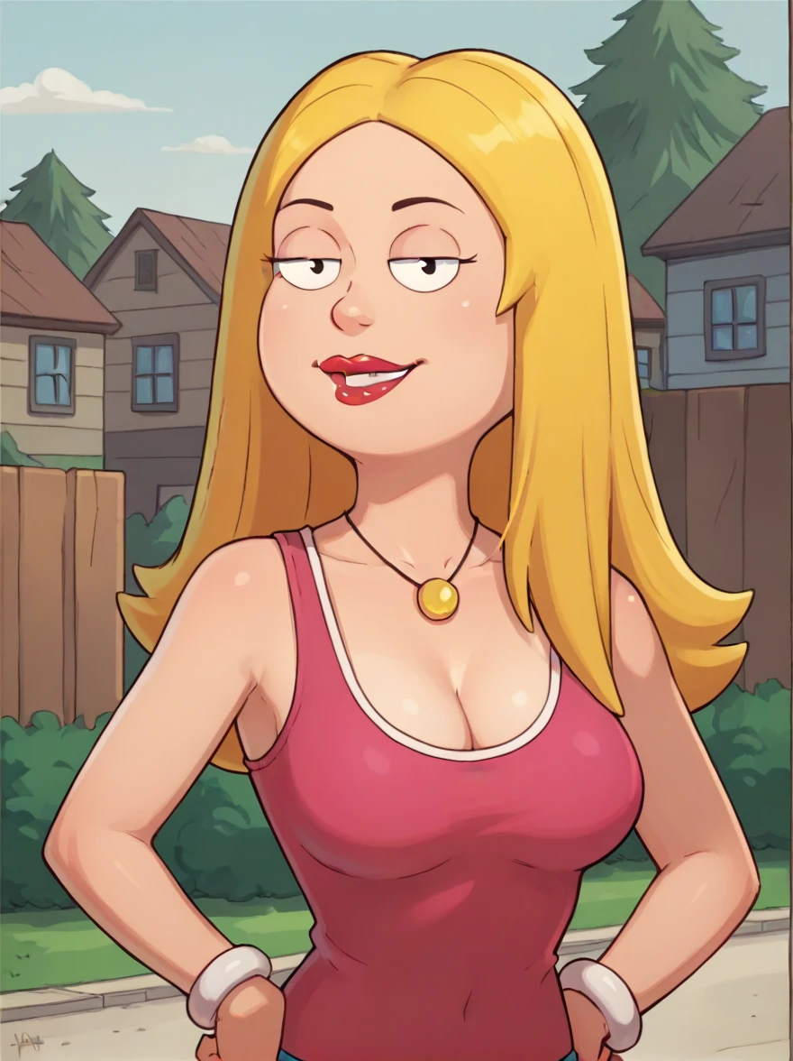 francine,flat color,  blonde hair, 1girl, long hair, white braclet, breasts, solo, necklace, cleavage, pink bikini, bikini, red lips, standing,looking at viewer,outdoors, upper body,   breasts, smile,   score_9, score_8_up, score_7_up, score_6_up, score_5_up, score_4_up