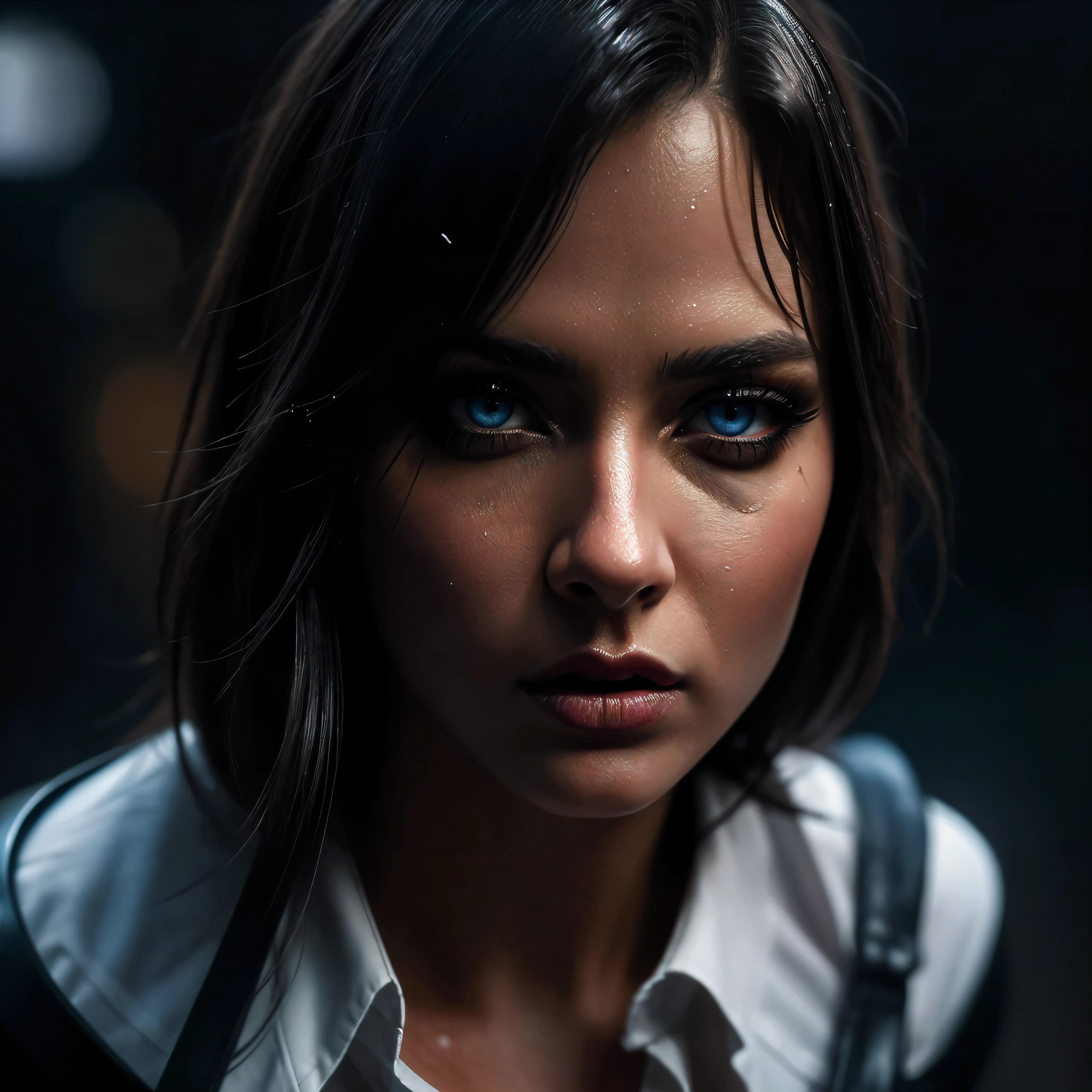 ((full body)), (((posing, sexy pose, alluring pose 1.1))), (Best Quality,High Definition:1.2),Ultra detailed,realistic,Portrait, beautiful girl with gorgeous glowing blue eyes, gothic makeup, ( (big breasts)), big tits, ((covered nipples)), no underwear, revealing clothes, ((white button-down shirt)), (((black miniskirt))), ((luscious thighs)), in the rain, ((wet clothes)), street at night. (Best Quality, 4k,8k, High Definition, Masterpiece: 1.2), Ultra Detail, (Realistic, Photorealistic, Photorealistic: 1.37), Dramatic Lighting, Cinematic Lighting, Moody Atmosphere, Dark and Gritty, Dramatic Contrast, Rich Colors, Neon Lights, rain effects. (Perfect details:1.1), (beautiful and clear background:1.2), (Extremely detailed CG, Ultra detailed, best shadow:1.1), (perfectly detailed beautiful eyes), , close-up, cinematic lighting, vibrant colors, photorealistic, concept art style, high quality, 8K, HDR, physical rendering, extreme detail, blur, depth of field, blurred foreground,