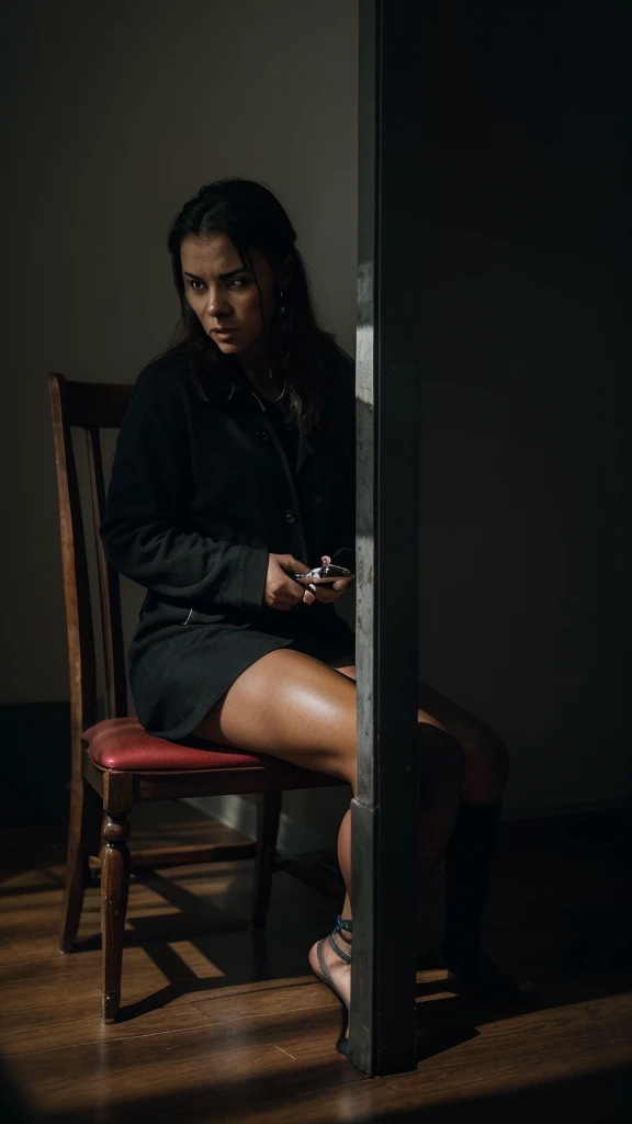 "Create an image that conveys a sense of suspense and tension, showing a kidnapping situation. The scene must include a dimly lit room, with dim lights creating deep shadows. En el centro de la imagen, show a person tied to a chair, with hands and feet tied, and an expression of fear and despair on his face. Use a dark color palette, like shades of black, gray and dark blue, with touches of red to create a dramatic contrast and highlight the tense atmosphere. Add elements as strings, Scotch tape, a cell phone on a nearby table and objects lying on the floor to increase the sense of danger and realism. The composition must be detailed and intricate, with abstract patterns in shadows and light reflections to intensify the sense of threat. The image should evoke a feeling of fear and suspense, capturing the tension and imminent danger of a kidnapping situation through a unique and impactful visual style."