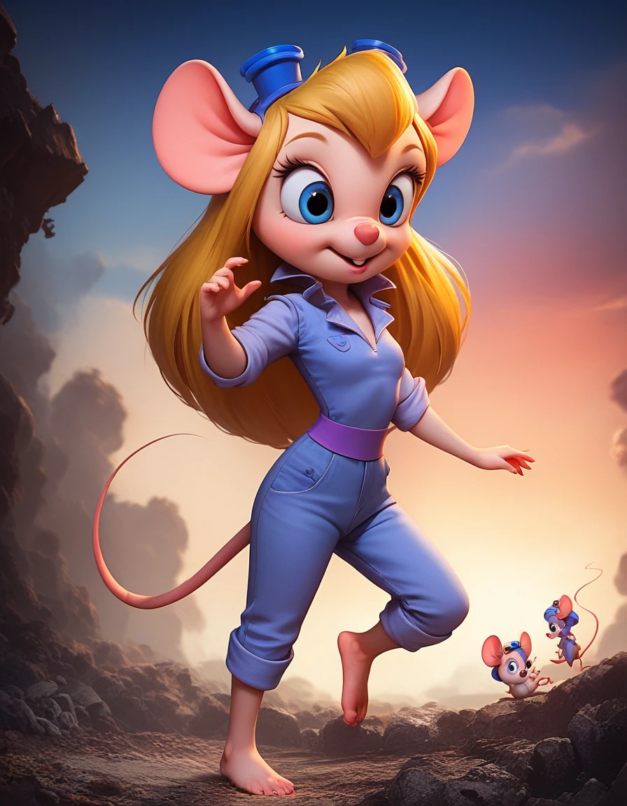 score_9, score_8_up, score_7_up, source_realistic, highly realistic, (absurd resolution), intricate details, zPDXL2, asymmetrical, concept art, raw photo,
1girl, tiny shrunken anthro mouse woman, gadget hackwrench, sparkling blue eyes, long blonde hair, medium breasts, wearing blue denim jumpsuit with sleeves rolled up, welding goggles on head, barefoot, cute pose,
huge tools, mouse hole,
dynamic angle, cinematic lighting, detailed fur texture, detailed eyes, detailed background, volumetric lighting, subsurface scattering,
Expressiveh, 