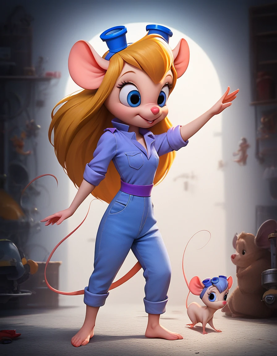 score_9, score_8_up, score_7_up, source_realistic, highly realistic, (absurd resolution), intricate details, zPDXL2, asymmetrical, concept art, raw photo,
1girl, tiny shrunken anthro mouse woman, gadget hackwrench, sparkling blue eyes, long blonde hair, medium breasts, wearing blue denim jumpsuit with sleeves rolled up, welding goggles on head, barefoot, cute pose,
huge tools, mouse hole,
dynamic angle, cinematic lighting, detailed fur texture, detailed eyes, detailed background, volumetric lighting, subsurface scattering,
Expressiveh, 