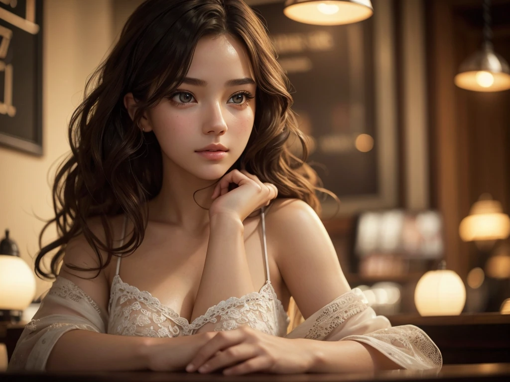 A sexy girl in a coffee shop, listening to music, cozy lofi atmosphere, beautiful detailed eyes, beautiful detailed lips, extremely detailed face and features, porcelain skin, wavy hair, intricate details, warm lighting, cinematic composition, soft focus, film grain, photorealistic, highly detailed, masterpiece