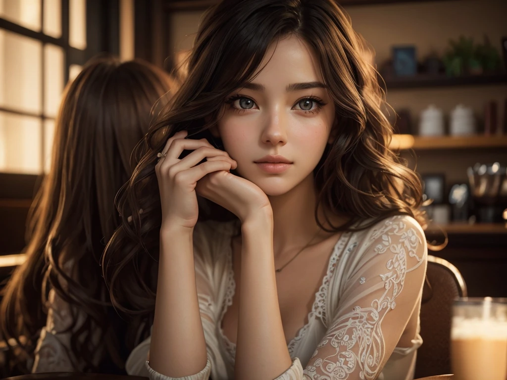 A sexy girl in a coffee shop, listening to music, cozy lofi atmosphere, beautiful detailed eyes, beautiful detailed lips, extremely detailed face and features, porcelain skin, wavy hair, intricate details, warm lighting, cinematic composition, soft focus, film grain, photorealistic, highly detailed, masterpiece