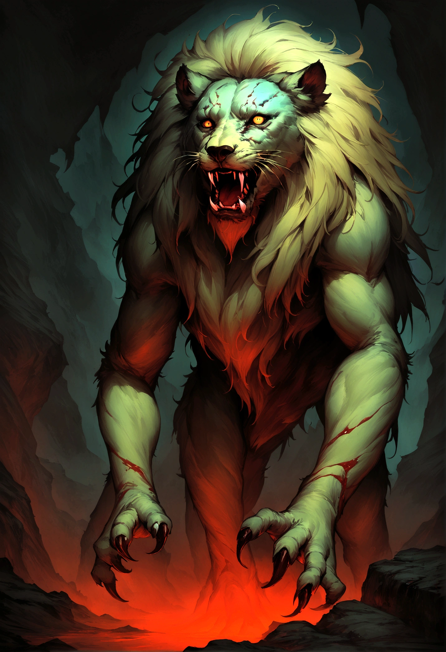 A painting of a humanoid lion creature with bloody fangs., Butcher shop, Science - Horror Fiction Art, science fiction horror artwork., inspired by Aleksi Briclot, lobo, de Butcher shop, horror fantasy art, but Alexi Briclot, Horror concept art, poison, Fantasy art and horror., Detailed 4K horror illustration, beast creature, dark horror art