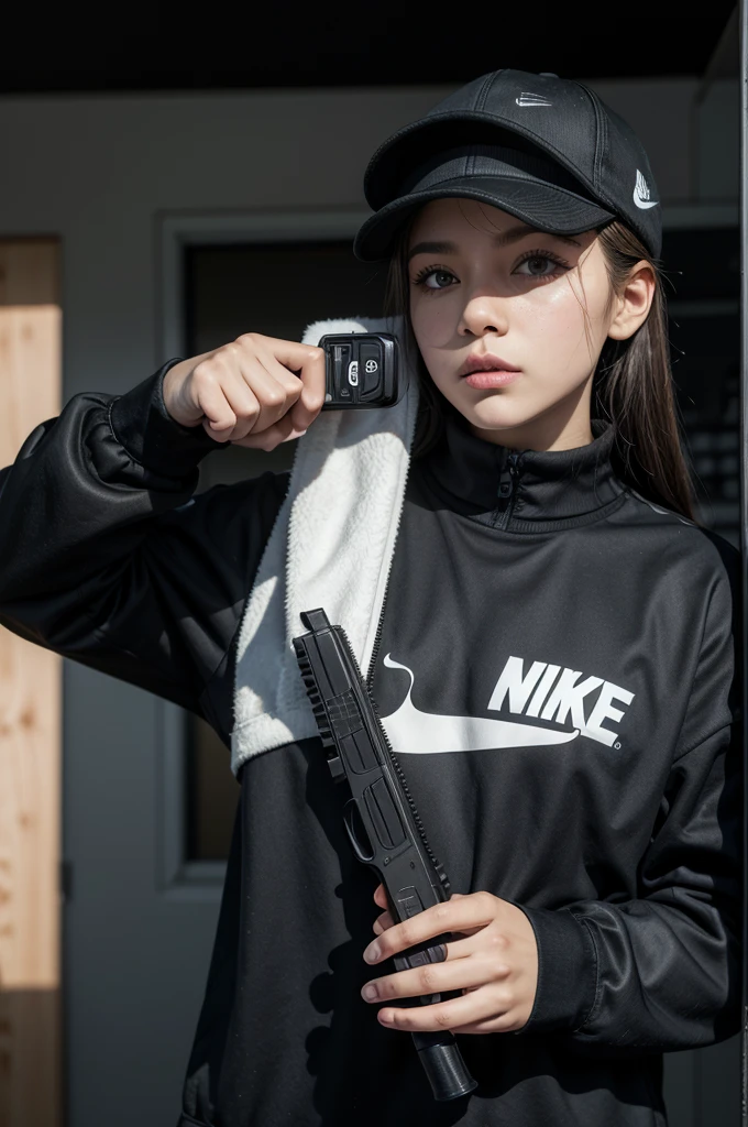 make a burglar, com um glock na mao, wearing a nike bobojaco