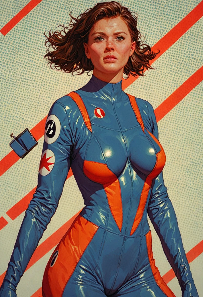 score_9, score_8_up, score_7_up, realistic, 1girl, dark brown hair, (freckles:0.5), large breasts, pilot suit, knva, halftone effect, retro artstyle,