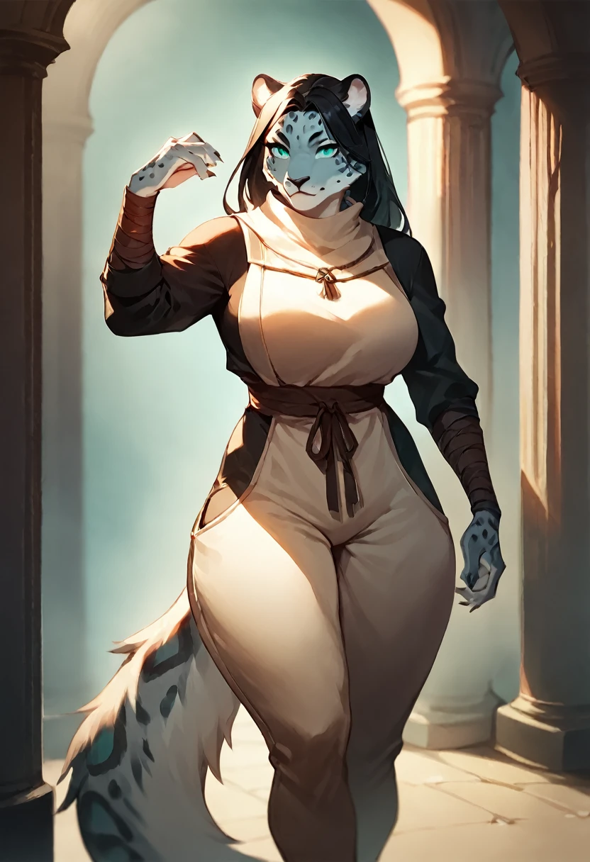 score_9, score_8_up, score_7_up, score_6_up, score_5_up, score_4_up, (solo), female anthro Snow leopard, monk clothes, monk pants lusty, fluffy body, long dark black hair, turquoise eyes, (thick thighs:1.3) (she is standing) , giant breasts