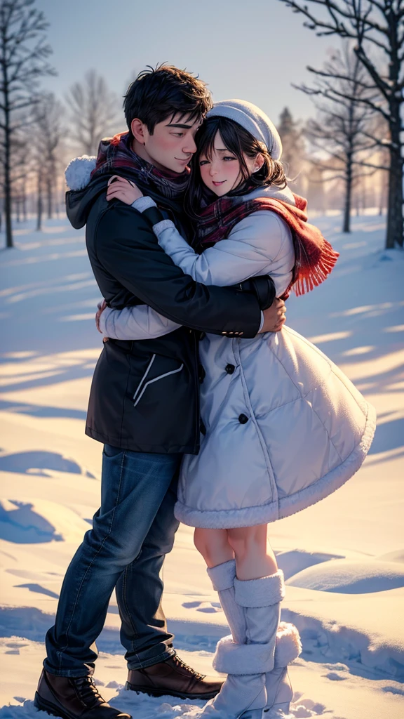 a romantic winter couple, two people hugging, full body shot, man and woman, snowy winter landscape, blurred background, (best quality,4k,8k,highres,masterpiece:1.2),ultra-detailed,(realistic,photorealistic,photo-realistic:1.37),HDR,UHD,studio lighting,vivid colors,warm lighting,soft focus