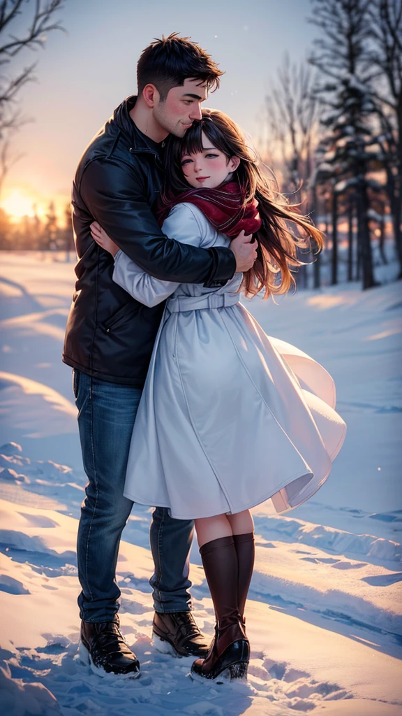 a romantic winter couple, two people hugging, full body shot, man and woman, snowy winter landscape, blurred background, (best quality,4k,8k,highres,masterpiece:1.2),ultra-detailed,(realistic,photorealistic,photo-realistic:1.37),HDR,UHD,studio lighting,vivid colors,warm lighting,soft focus
