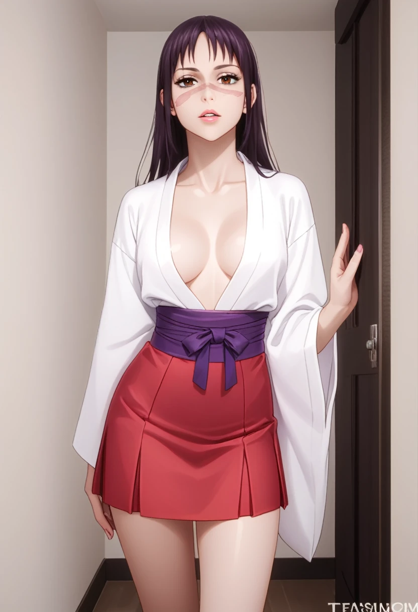 score_9_up, score_8_up, score_7_up, 1girl, solo, mature female, ((Utahime)), (((long  purple tied hair))), brown eyes, pink lips, parted lips, scar on face, fit slim body, ((perfect medium erected breast)), (((white tight kimono with long red skirt))), bedroom, perfect model body, looking at the viewer, standing in seductive pose