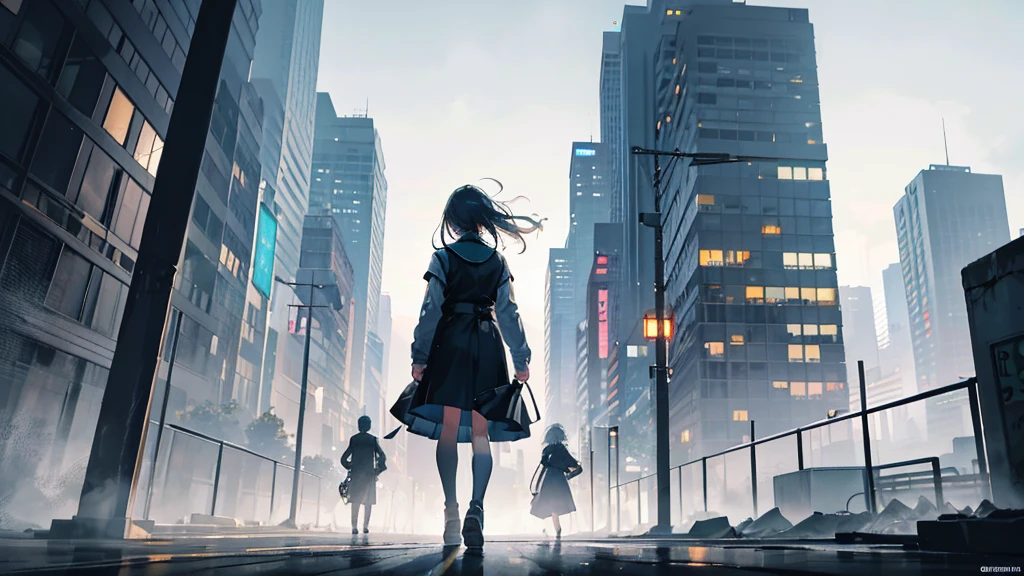 An anime cityscape drenched in gray, with sirens blaring in the distance. The scene captures a bustling city with voices of the restless echoing through the streets. Faces in the crowd are blurred and indistinct, symbolizing the anonymity of city life. In the foreground, a determined figure (anime girl or boy) stands, looking up at the sky, ready to break away from the shadows. The atmosphere is filled with tension and anticipation, with the ground shaking slightly, hinting at something coming to light. The lighting is dim, but there are sparks of light beginning to shine through the cracks, symbolizing hope and the dawn of a new day. The overall mood is one of resilience, determination, and unity, capturing the essence of rising together and finding one's voice in the depths of silence.
