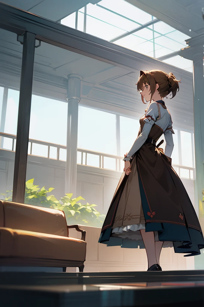 there is a woman in a brown dress standing in a room, female protagonist, rin, female protagonist 👀 :8, style game square enix, sayori, ayami kojima amano, inspired by Riusuke Fukahori, deayami kojima, makoto shinka, kasumi arimura style 3/4, female character, jin kagetsu