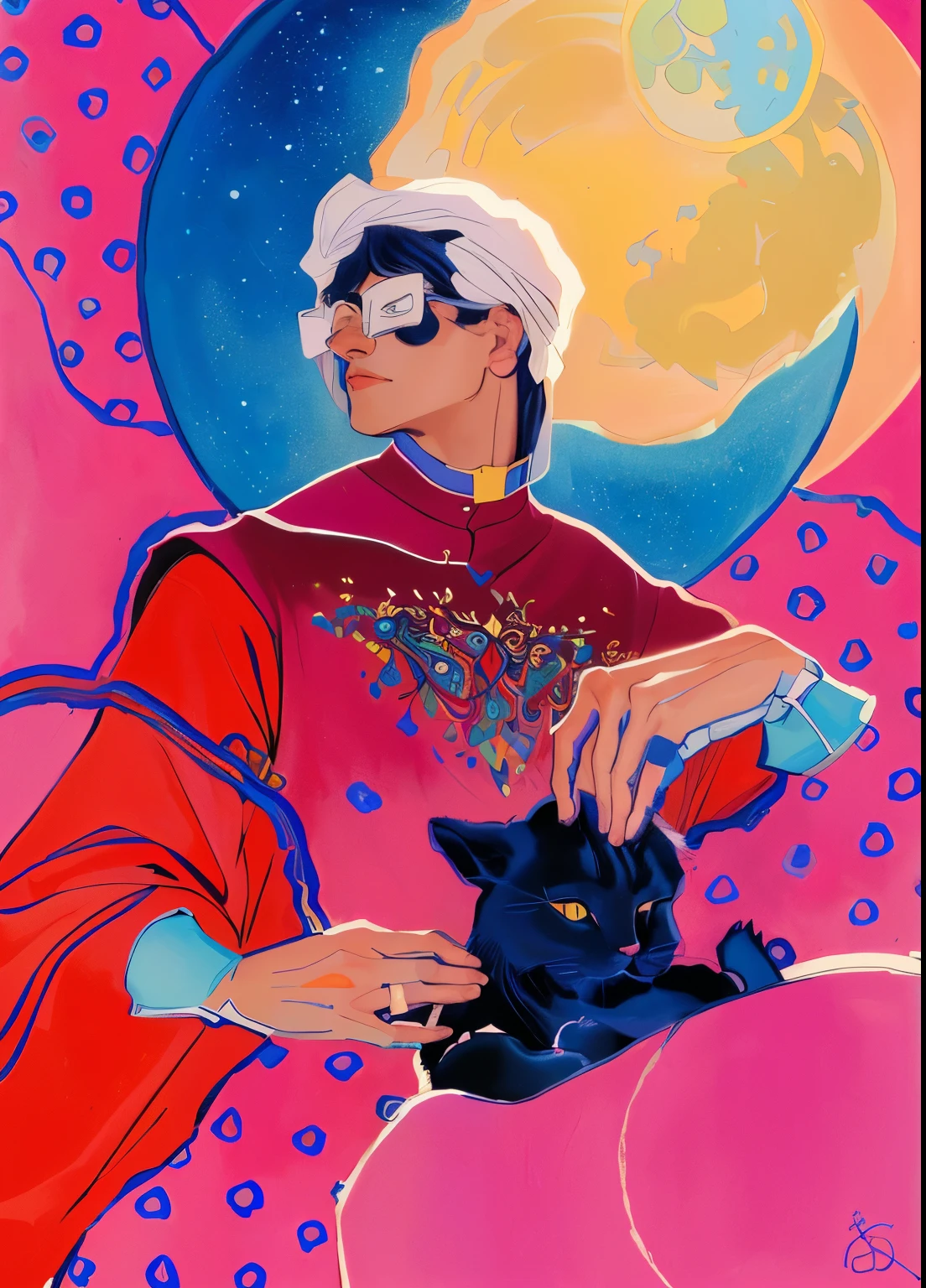 painting of a man with a cat and a moon, by Jessie Alexandra Dick, by Pál Balkay, by Silvia Pelissero, inspired by Victor Moscoso, by Barbara Balmer, by Zoran Mušič, by Kaja Foglio, by Zofia Stryjenska, by Alen Divis