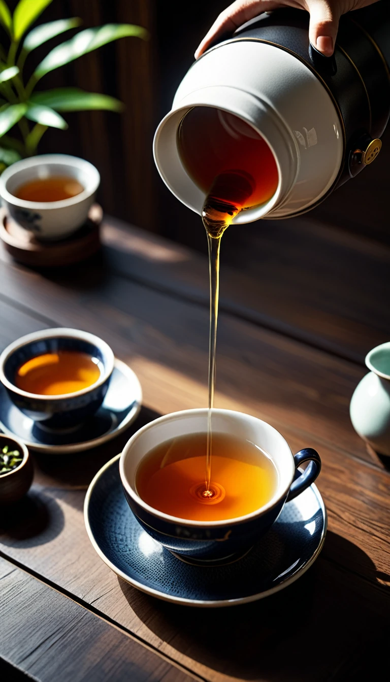 Close-up of tea from black iron pot poured into tea cup,Dark wooden table background.The album cover was inspired by Sesshū Tōyō, shutter, Creation and Production, daoshu, ((Have a cup of tea)), qiangshu, Tea ceremony scene cinematic lighting, from above, uhd, accurate, super detail, best quality（Super quality，Super detailed，Ultra-complex，Extremely complex）Soft and natural light and shadow.Reverse fragrance.no humans.Ultra wide angle, (Detailed texture),Background covered with film grain, natural soft light,(Morning Scene.warm sunshine in the morning)Ray tracing, Vignette, Wide-angle lens, Ultra wide angle, Best quality cinematic lighting, Depth of Field, outer boundary, Negative space, Letterbox header image