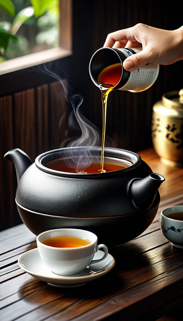 Close-up of tea from black iron pot poured into tea cup,Dark wooden table background.The album cover was inspired by Sesshū Tōyō, shutter, Creation and Production, daoshu, ((Have a cup of tea)), qiangshu, Tea ceremony scene cinematic lighting, from above, uhd, accurate, super detail, best quality(Super quality,Super detailed,Ultra-complex,Extremely complex)Soft and natural light and shadow.Reverse fragrance.no humans.Ultra wide angle, (Detailed texture),Background covered with film grain, natural soft light,(Morning Scene.warm sunshine in the morning)Ray tracing, Vignette, Wide-angle lens, Ultra wide angle, Best quality cinematic lighting, Depth of Field, outer boundary, Negative space, Letterbox header image