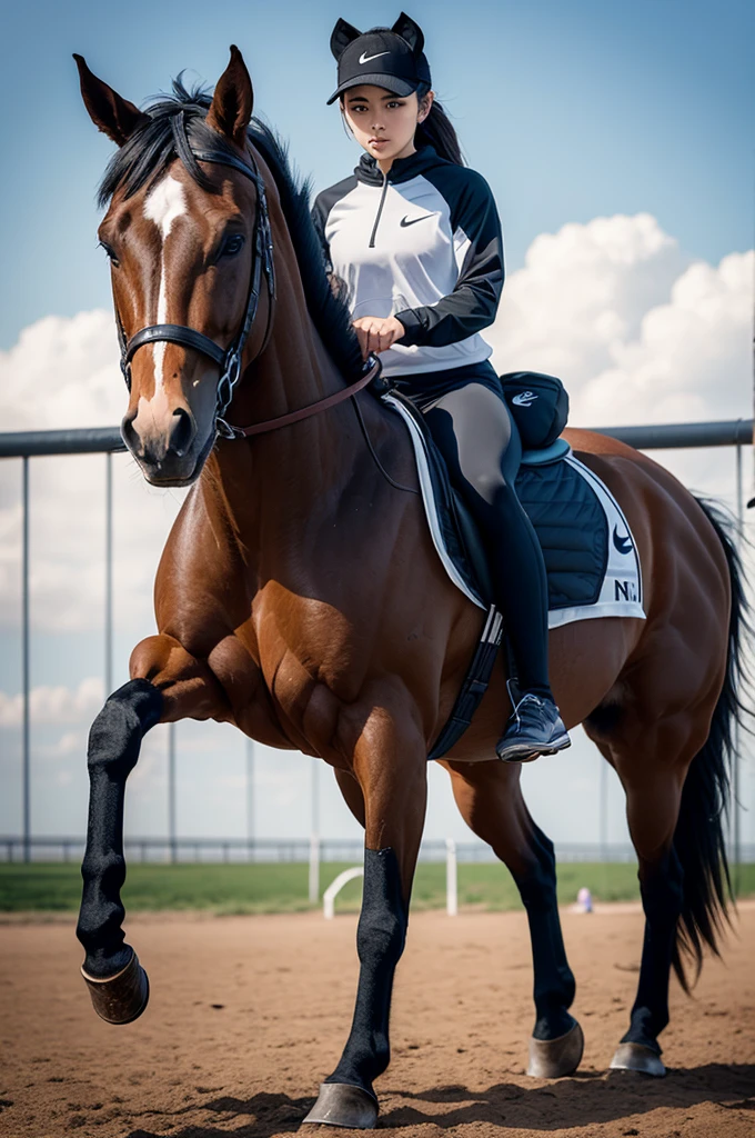 A horse alone in Nike clothes 