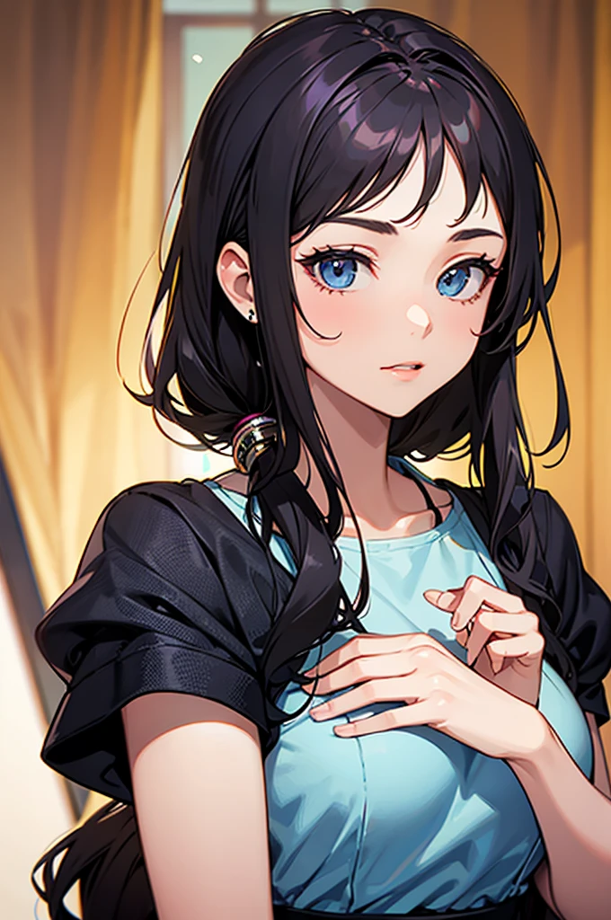 A 15 year old girl, It's in a bedroom, Brown hair, black eyes, wear a long top and black pants, her breasts are medium, It's cute, is in a room