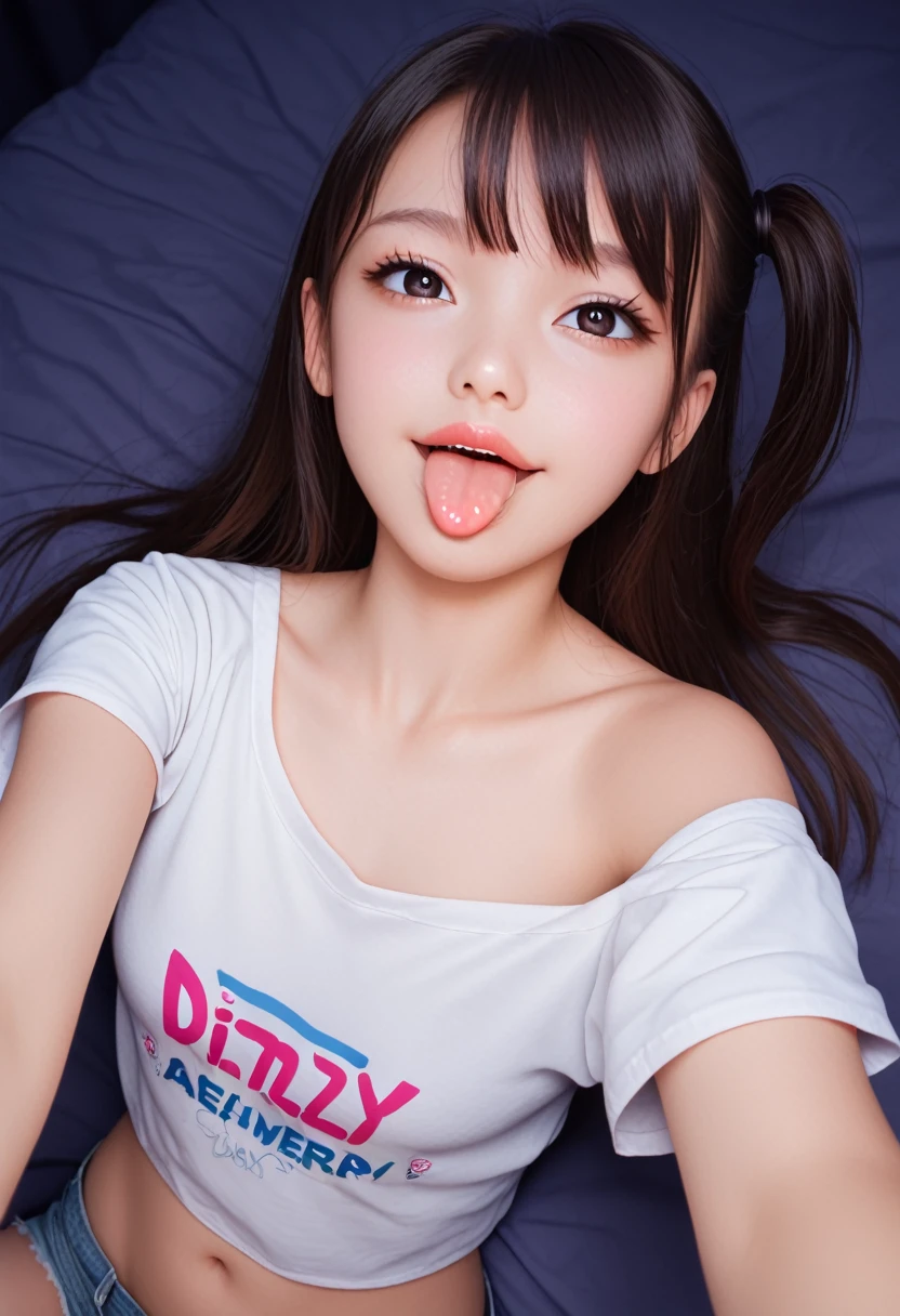 ollarbone,pastel colors t-shirt,off-shoulder look,bare shoulder,midriff peek,micro shorts,open mouth,(tongue out:2),lying,Selfie,looking ahead,from above,front view,cowboy shot,(1girl,Beautiful 14 year old girl),((Slender,Small breasts,Small face,)),looking at viewer,Black Hair,bangs,one side up,Beautiful and detailed,Mischievous smile,(Dimly lit room:1.5),Simple Background,bed,best quality,Brilliant Quality