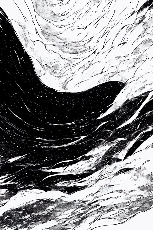 Snow splash, Streamer，Clouds lingering，Black sky，White and black (high quality)Woodblock Print Abstract Art，Excellent aesthetics，Award-winning works