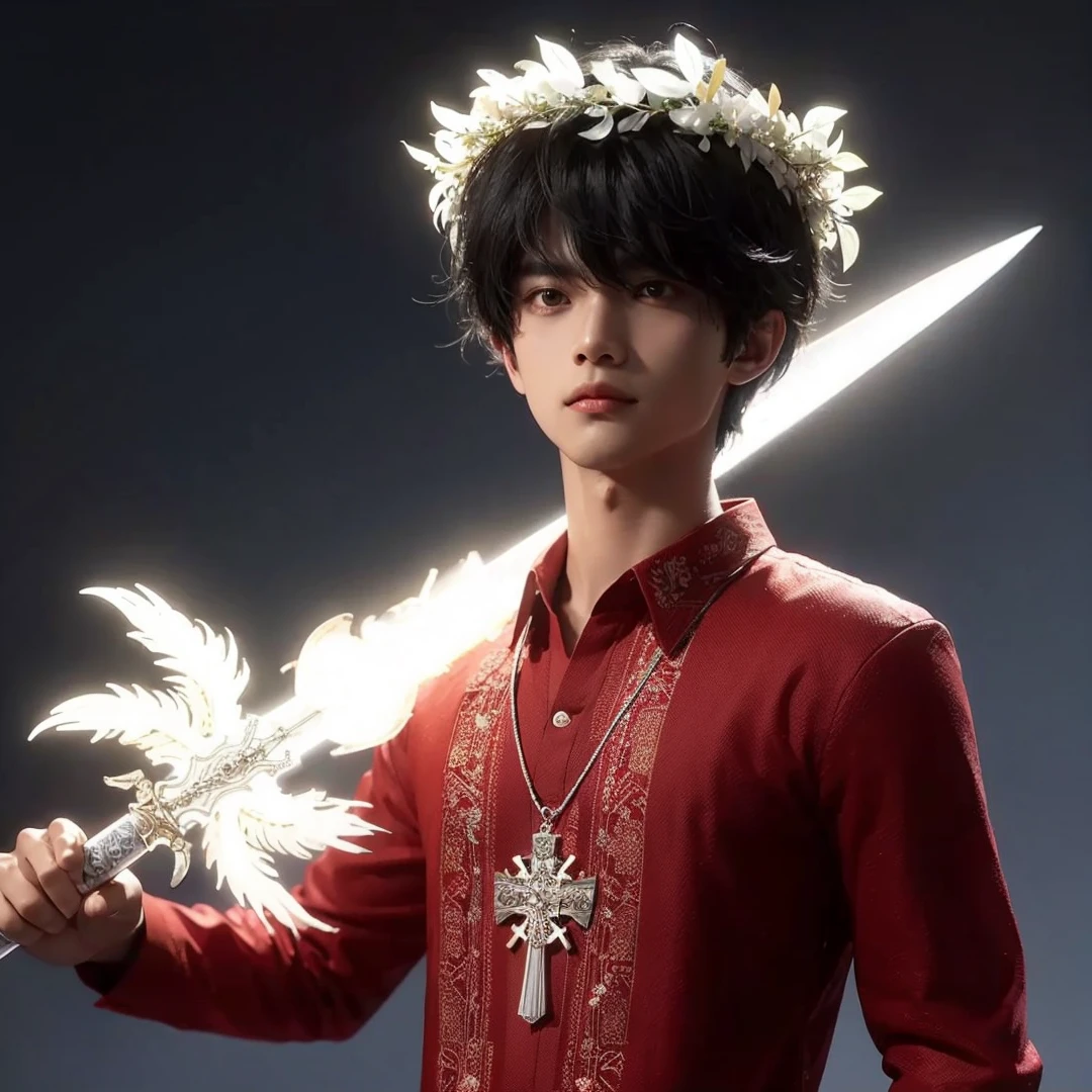 Handsome boy, black hair, brown eyes, glowing white laurel wreath on his head, wearing red barong tagalog, silver cross necklace, holding a white glowing sword
