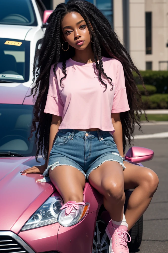 a beautiful girl, darkskin, long and curly hair, blue colored eyes, Bullish, dressed in short pink shorts, a pink cold-weather blouse, a pink sneaker, em Nova York, on top of the hood of a green luxury car, good and detailed lighting