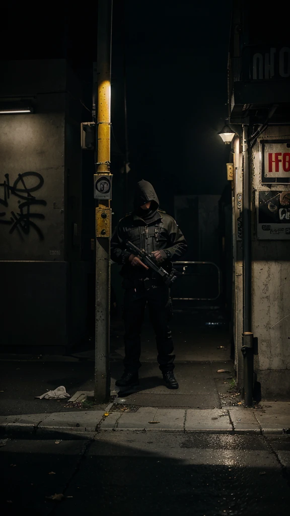 "Create an image that conveys a sense of suspense and imminent danger, showing an armed robbery situation on a deserted street at night. The scene must include a masked and armed robber, with the gun pointed at a victim who appears terrified and surprised, with hands raised up. Use a somber color palette, like shades of black, dark blue and gray, with touches of yellow light from streetlights to create a dramatic contrast. Add elements like deep shadows, street lights creating long shadows, and urban details such as walls with graffiti and trash scattered on the floor, to increase the feeling of danger and realism. The composition must be detailed and intricate, with abstract patterns in shadows and light reflections to intensify the sense of threat. The image should evoke a feeling of fear and suspense, capturing the tension and imminent danger of a robbery through a unique and impactful visual style."