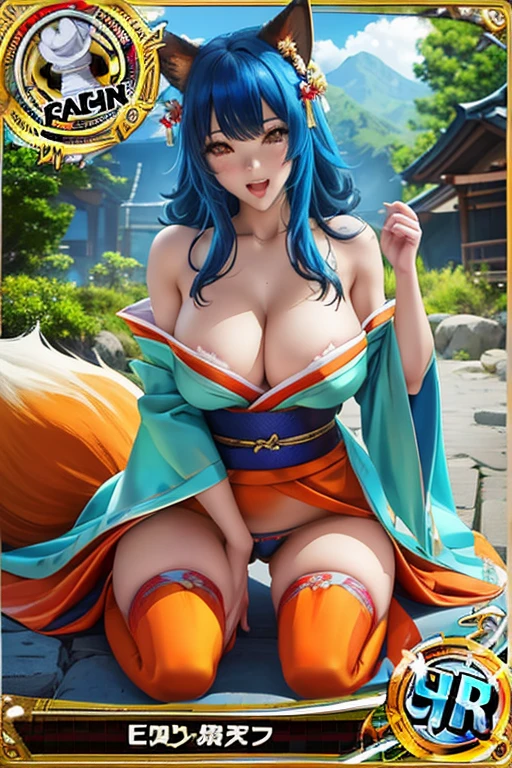 trading card of 1girl, mature female, shiny skin, (masterpeice), (wallpaper), (high quality), (absurdres),kaia, fox ears,blush, breasts, cleavage, detached sleeves, hair ornament, large breasts, open mouth, panties, red legwear, smile, solo, fox tail, tears, thighhighs, underwear, wide sleeves, orange eyes,kimono,two-tone hair,kneelings,blue hair,onsen, outdoors, tatami, kimono,
