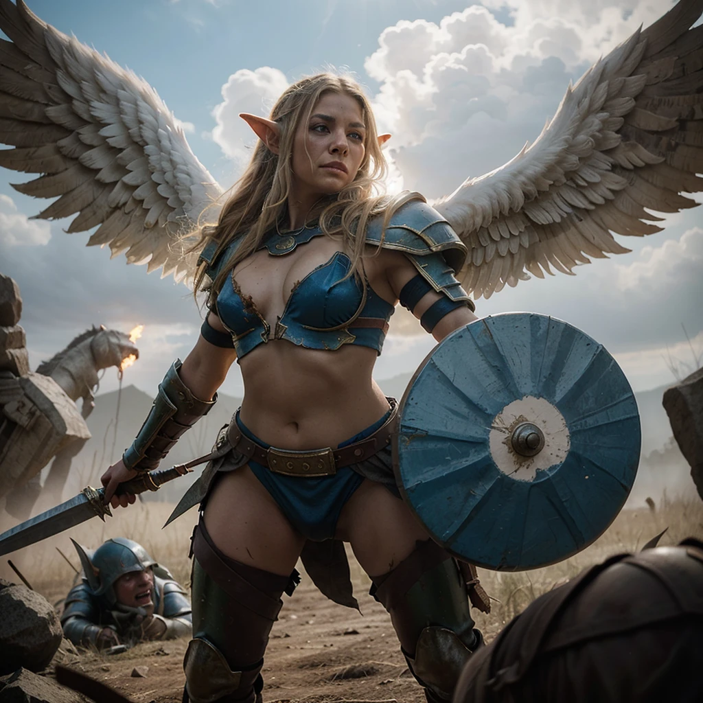 Masterpiece,war photograph of an angelic warrior,seductive elf, fighting an orc, long blonde hair, halo, blue and yellow armor, Alas, standing on dead orcs, blood,