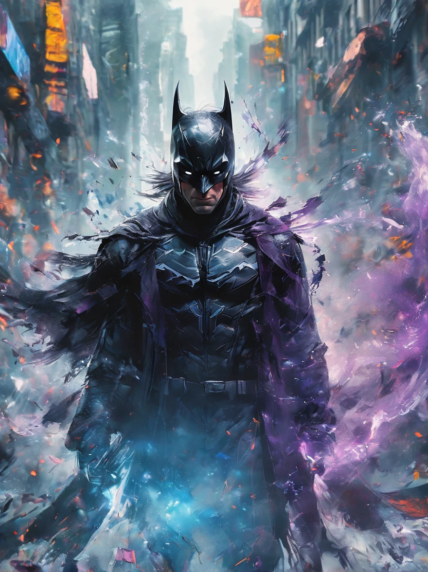 (Masterpiece artwork, 8K, uhd, high resolution: 1.4), stylized portrait of Batman not in Spider-Verse style, (black costume with neon blue and purple details: 1.3), (mask with glowing white eyes: 1.2), (floating cover with light effects: 1.3), (Dynamic and heroic pose: 1.2), (background with Gotham city in graphic and vibrant style: 1.1), (comic and graffiti elements around: 1.2), (dark and electrifying atmosphere: 1.3), Intricate, stylized details, (fantasy and action elements: 1.2), (dynamic and immersive perspective: 1.3)
