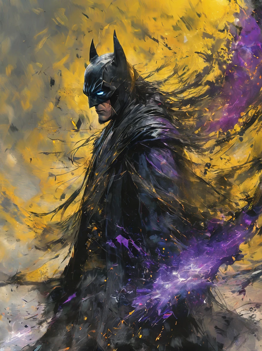 (Masterpiece artwork, 8K, uhd, high resolution: 1.4), stylized portrait of Batman not in Spider-Verse style, (black costume with neon blue and purple details: 1.3), (mask with glowing white eyes: 1.2), (floating cover with light effects: 1.3), (Dynamic and heroic pose: 1.2), (background with Gotham city in graphic and vibrant style: 1.1), (comic and graffiti elements around: 1.2), (dark and electrifying atmosphere: 1.3), Intricate, stylized details, (fantasy and action elements: 1.2), (dynamic and immersive perspective: 1.3)