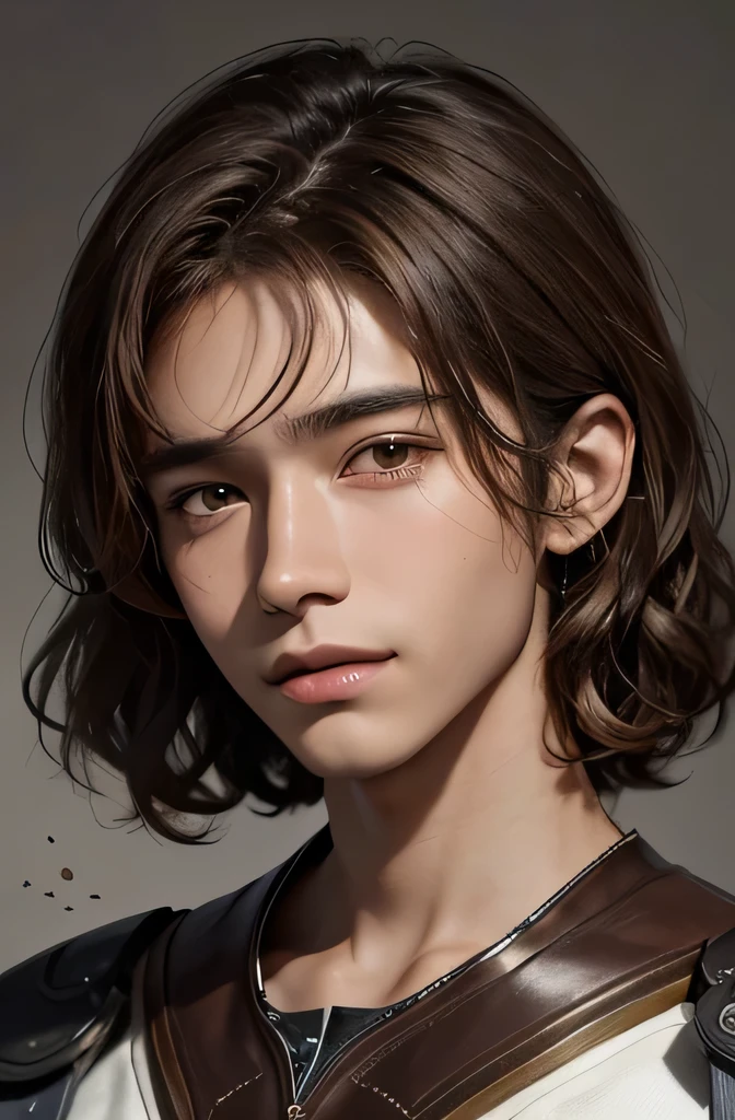 Highest quality、Highest quality、Professional portrait、Science fiction、His name is Maurice Riverinho、((16-year-old male))、Mexican facial features、((Brown Skin))、Chestnut Hair、Natural curls、Short Hair、smile、Every detail is drawn with precision、masterpiece、skin color is brown、Feminine male face