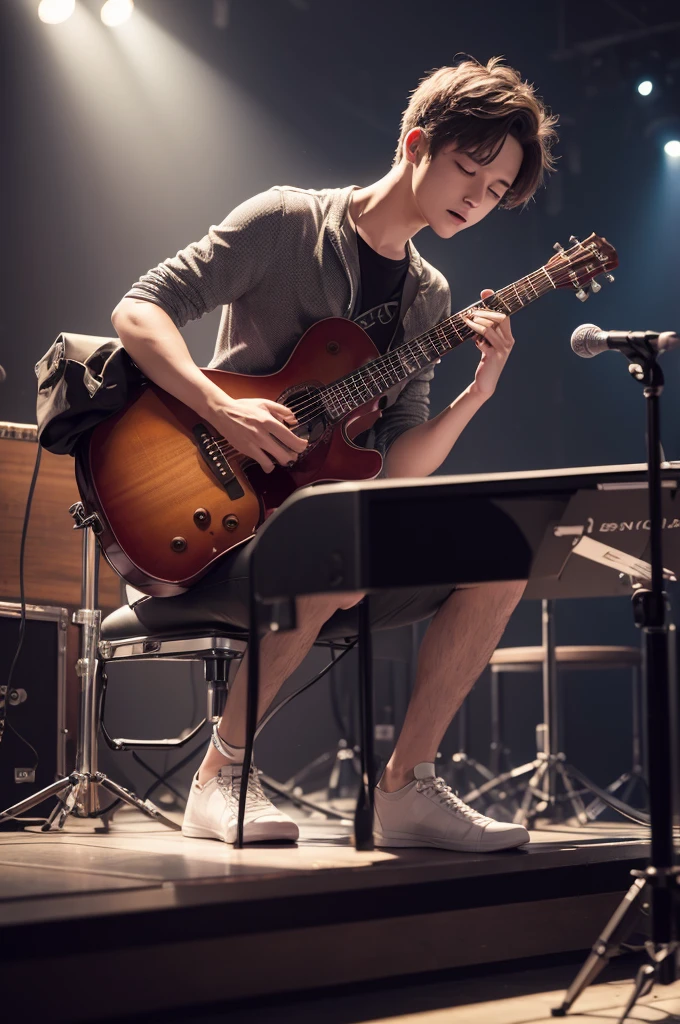 A musician plays his instrument on an empty stage, lost in melody and expression