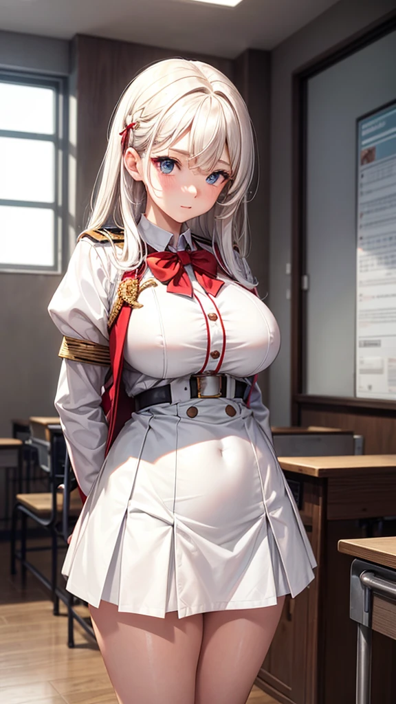 Female, height: 135 cm, weight: 50 KG, hip circumference: 80, waist circumference: 54, bust circumference: 73, face: oval face, hair color: white, eye color: red, clothing: white JK short skirt uniform, scene: classroom.