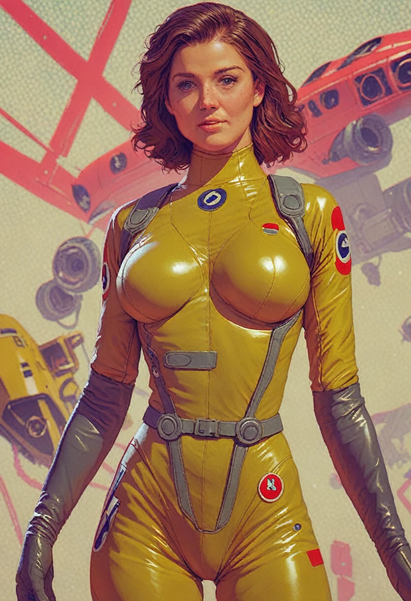score_9, score_8_up, score_7_up, realistic, 1girl, dark brown hair, (freckles:0.5), large breasts, pilot suit, knva, halftone effect, retro artstyle, 