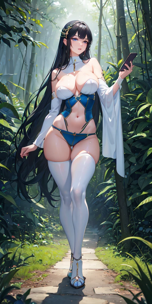 ((Best quality, 8K, masterpiece:1.4)), female anime, full body, very large breasts:1.5, wide hips, large butt:1.4, thin waist, detailed face, long straight black hair, bright blue eyes, wearing tight white top, short denim shorts, nipples visible through fabric, sweaty skin:1. 4,wet girl's body, standing in a dense forest, looking directly at the viewer with a seductive expression, holding a smartphone, licking the screen, highly detailed skin and face texture, detailed eyes, long eyelashes, thin waist, highly detailed face and skin texture, forest, , realistic light and shadows, ethereal beauty, elegant posture, thick thighs, confident stance