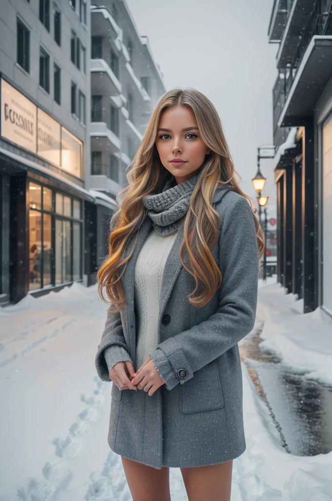 professional portrait photograph of a gorgeous Norwegian girl in winter clothing with long wavy blonde hair, sultry flirty look, gorgeous symmetrical face, cute natural makeup, wearing elegant warm winter fashion clothing, ((standing outside in snowy city street)), stunning modern urban environment, ultra realistic, concept art, elegant, highly detailed, intricate, sharp focus, depth of field, f/1. 8, 85mm, medium shot, mid shot, (((professionally color graded))), bright soft diffused light, (volumetric fog), trending on instagram, hdr 4k, 8k