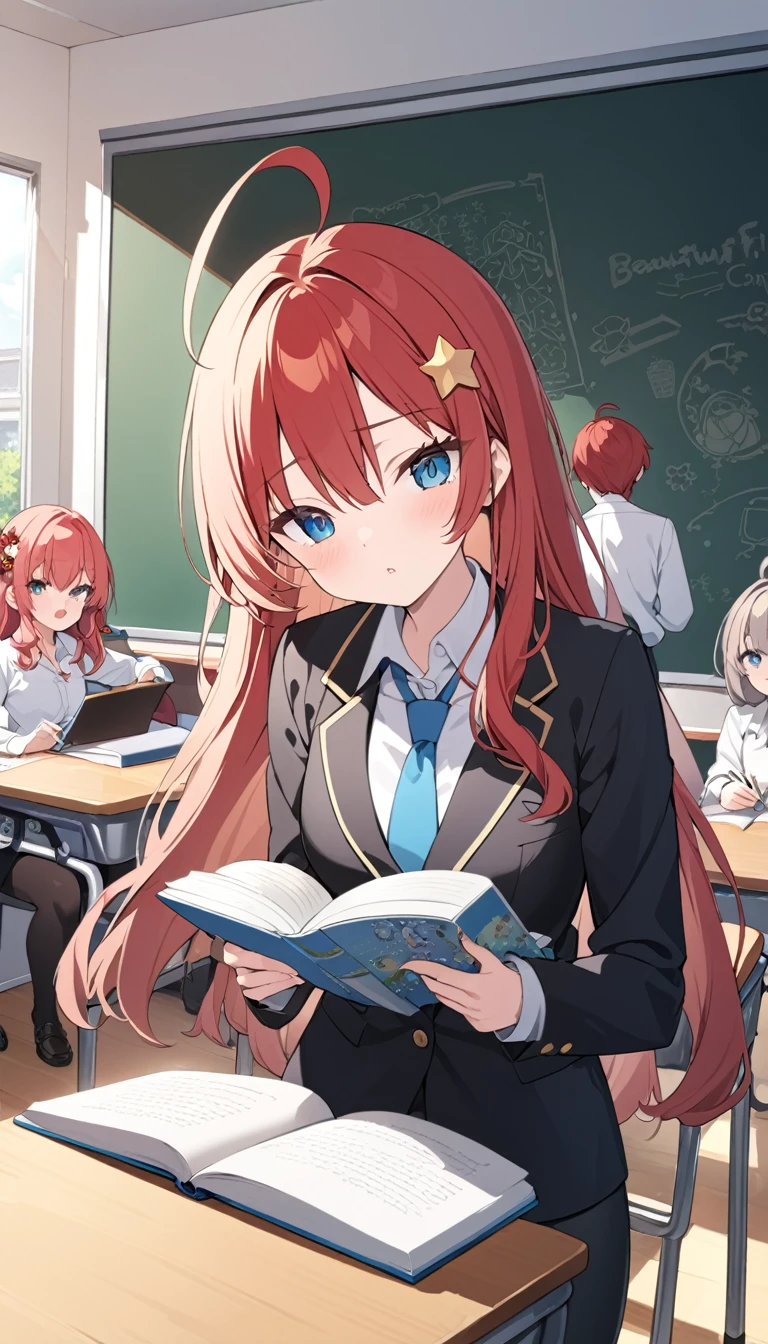 Satsuki Nakano, Itsuki Nakano, bangs, blue eyes, hair between eyes, Ahoge, redhead, Star \(symbol\), hair ornaments, Star hair ornaments,OL, red glasses, fund, black suit jacket, collared jacket, white dress shirt, collared shirt, neckline, button, black pencil skirt, black pantyhose,classroom,blackboard ,Standing in front of a blackboard holding a textbook,mouth open,serious,A student is sitting at a desk and studying,highest quality, High resolution, unity 8k wallpaper, (figure:0.8), (beautiful and fine eyes:1.6), highly detailed face, perfect lighting, Highly detailed CG, (perfect hands, perfect anatomy),