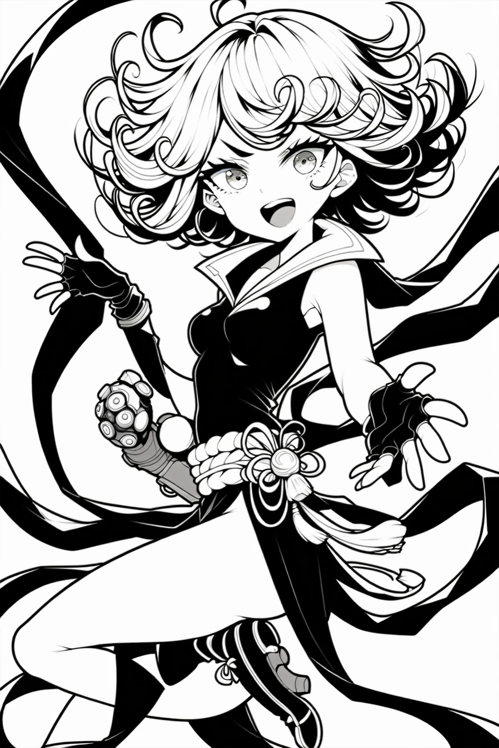 one-punch_man overwatch overwatch_2 kiriko_(overwatch) tatsumaki terrible_tornado_kiriko comic_panel_redraw derivative_work english_commentary 1girl bare_legs cosplay english_text fingerless_gloves floating_clothes gloves glowing green_hair looking_at_viewer official_alternate_costume official_art_inset ofuda reference_inset simple_background solo tatsumaki_(cosplay) teeth twitter_username white_background
