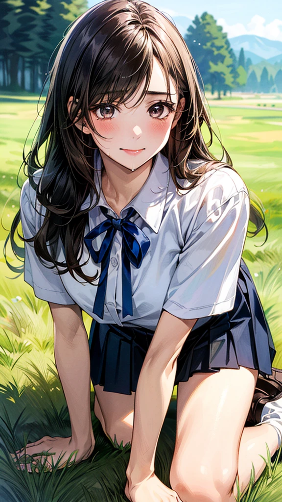 (masterpiece:1.2, top-quality, ultra high res, ultra detailed), (realistic, photorealistic:1.4), beautiful illustration, (natural side lighting, movie lighting),
looking at viewer, (face focus, upper body), 1 girl, japanese, high school dirl, perfect face, (perfect anatomy), cute and symmetrical face, baby face, shiny skin, slender
(long hair:1.5, straight hair:1.2, sark brown hair), parted bangs, grey eyes, long eye lasher, (medium breasts),
beautiful hair, beautiful face, beautiful detailed eyes, beautiful clavicle, beautiful body, beautiful chest, beautiful thigh, beautiful legs,
((detailed cloth texture, short sleeve white collared shirts, navy blue pleated mini skirt, red neck ribbon), , ,
(beautiful scenery), (lovely smile, upper eyes),
In the grass of a meadow, a girl is on all fours, and a big dog is holding her back from behind.
Her face is bright red and flushed, her mouth open, and she looks like she is about to cry.
She is wearing a very short skirt.
