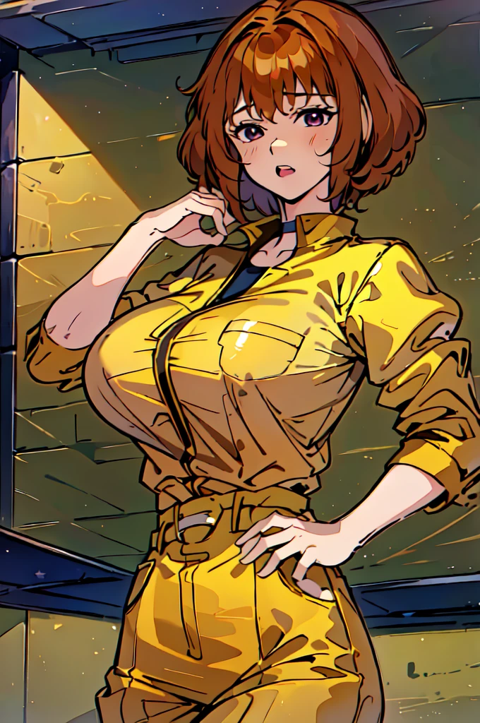 absurdres, april o'neil, 1girl, short brown hair, black eyes, upper body, yellow jumpsuit, sleeves rolled up, white belt