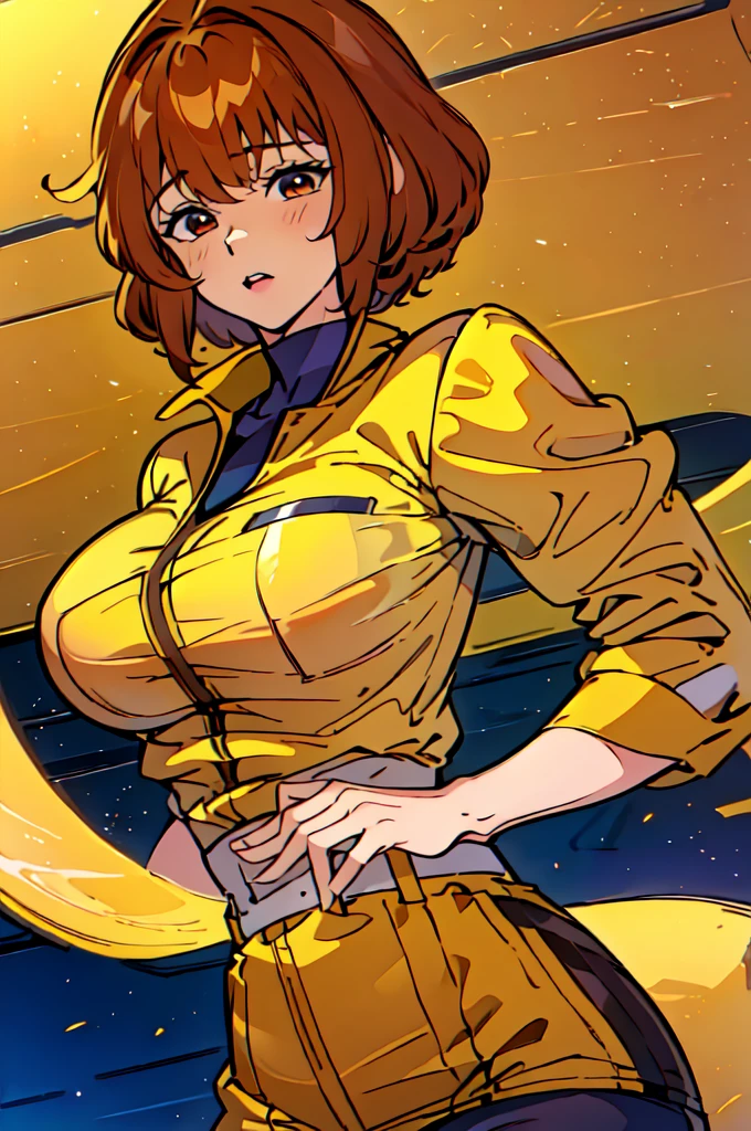 32k、masterpiece、High resolution、((1 female))、short hair、Hair fluttering、Very large breasts、((Very shiny golden latex suit、Sparkling、Close to the body、Beautiful body lines))、Smiling Kindly、Very close、Floating in space