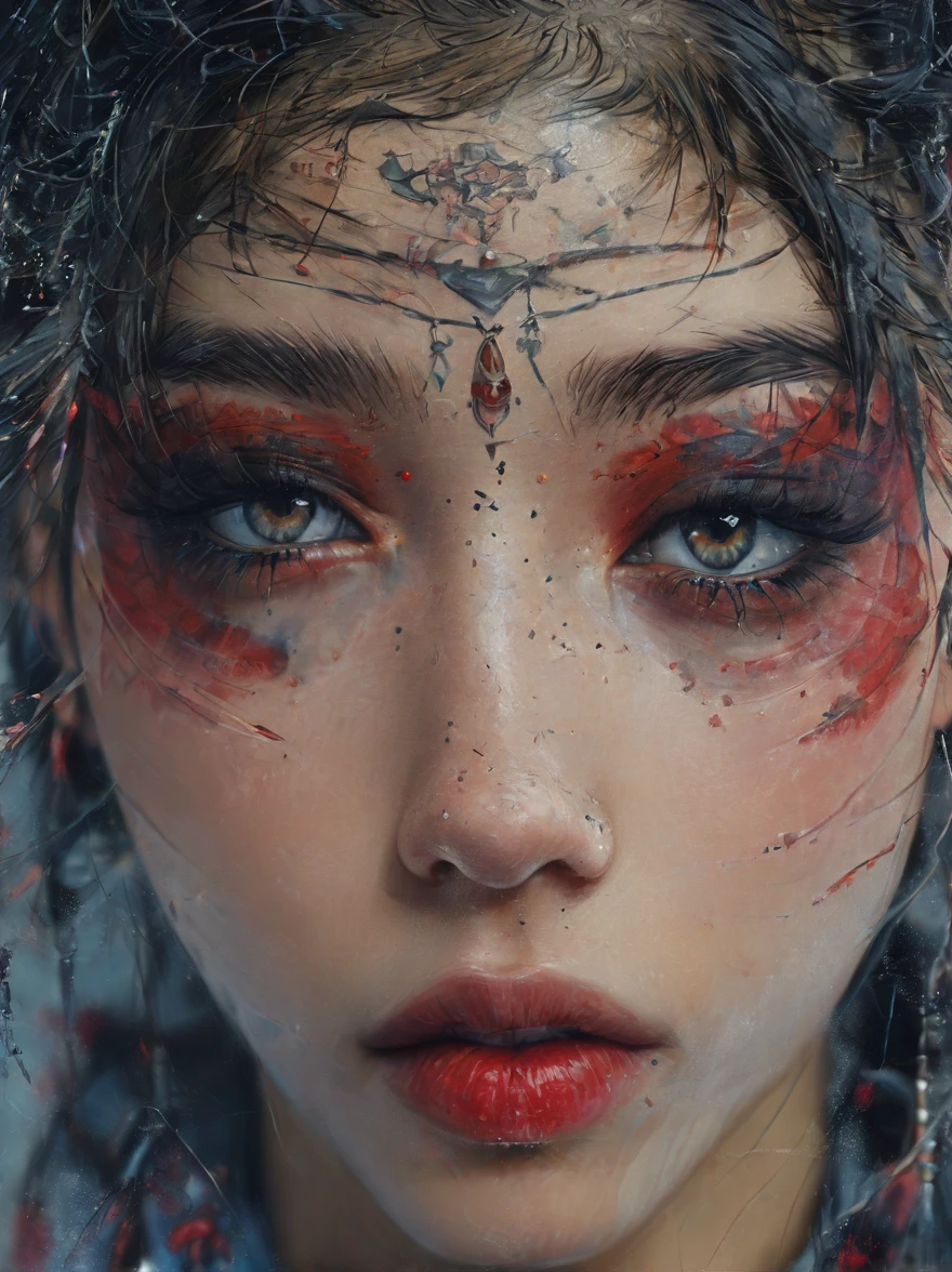1closeup of an 18 year old girl with tattoos all over her face ((AFRO AMERICANA)), ((short straight hair with bangs)), Grinning,((with various tattoos on his face)),( fleshy lips)eyes large,freckles on the face ,red lipgloss stick,( pircing on the lip),necklase, 耳环, and makeup, Angle of the face up close, looking at the camera
