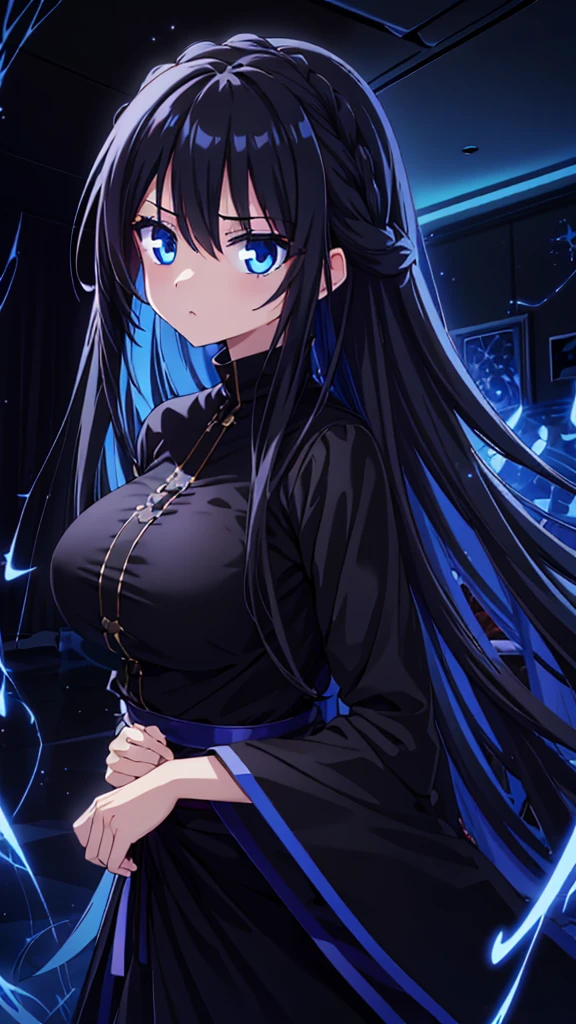 best quality, extremely detailed, anime style girl, long hair down to the waist, straight hair, dark black hair with bluish,crown braid,beautiful detailed eyes, pinched eyes, dark blue eyes, gradation eyes,huge breasts,((((black atmosphere)))),((Luxurious room)),((((cool)))),dynamic angle,sparkling eyes 