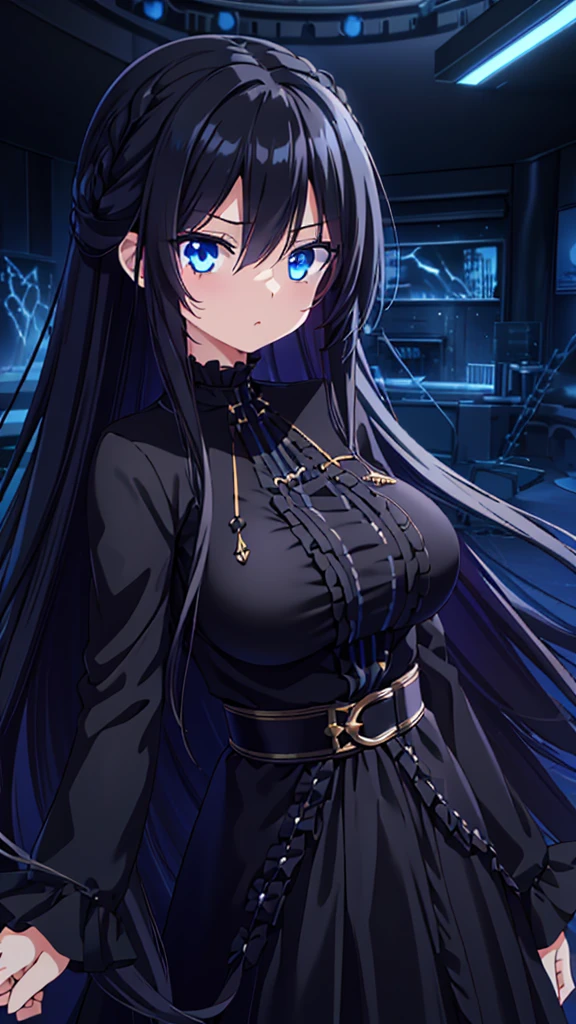 best quality, extremely detailed, anime style girl, long hair down to the waist, straight hair, dark black hair with bluish,crown braid,beautiful detailed eyes, pinched eyes, dark blue eyes, gradation eyes,huge breasts,((((black atmosphere)))),((Luxurious room)),((((cool)))),dynamic angle,sparkling eyes 