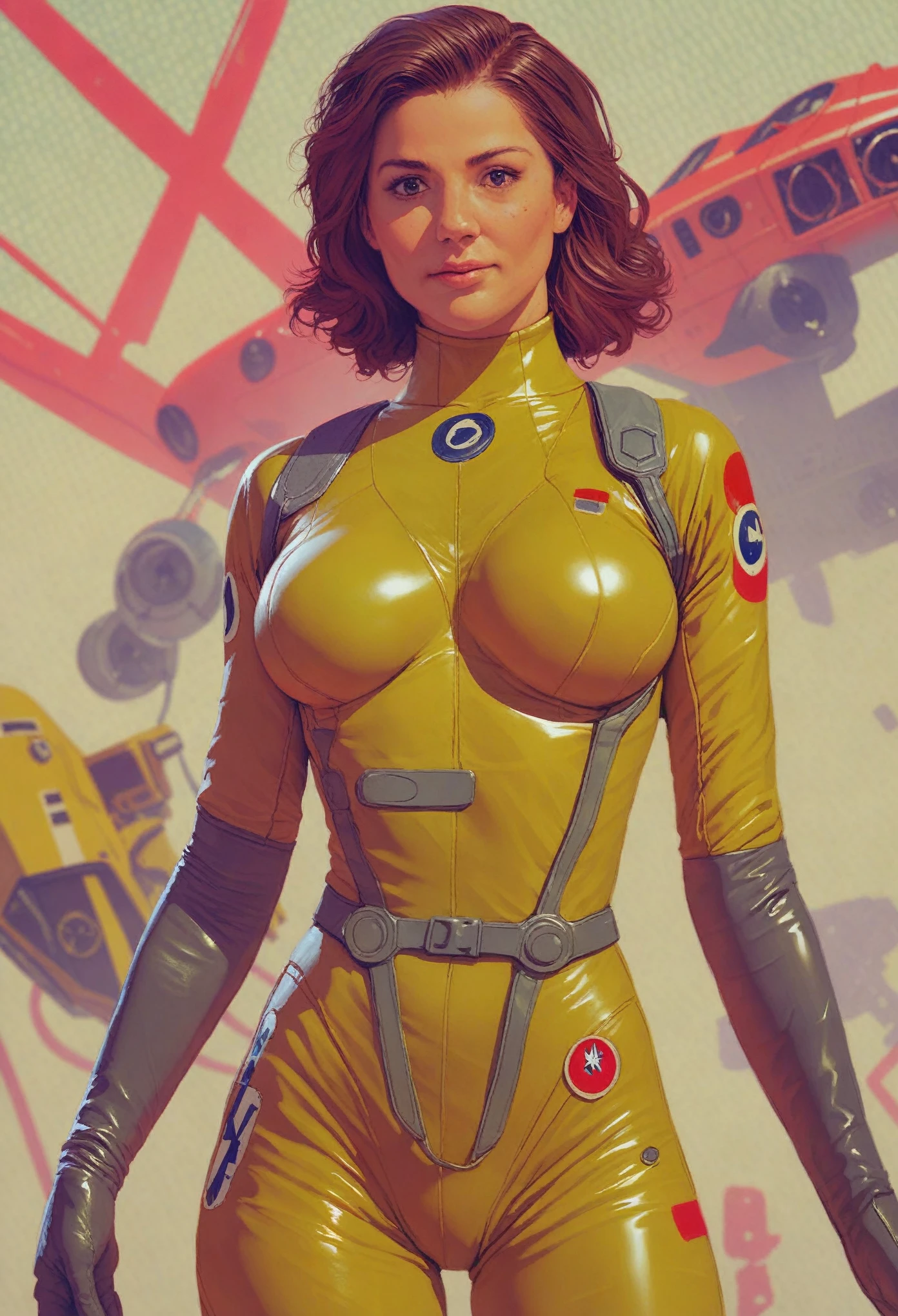 score_9, score_8_up, score_7_up, realistic, 1girl, dark brown hair, (freckles:0.5), large breasts, pilot suit, knva, halftone effect, retro artstyle,