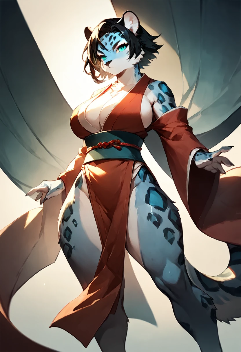 score_9, score_8_up, score_7_up, score_6_up, score_5_up, score_4_up, (solo), female anthro Snow leopard, samurai clothes, lusty, fluffy body, long dark black hair, turquoise eyes, (thick thighs:1.3) (she is standing) , giant breasts