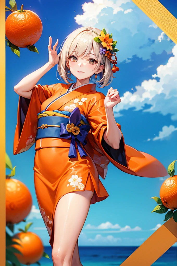 A smiling beautiful woman in a kimono holding an orange fruit under a blue sky bites into a slice of orange