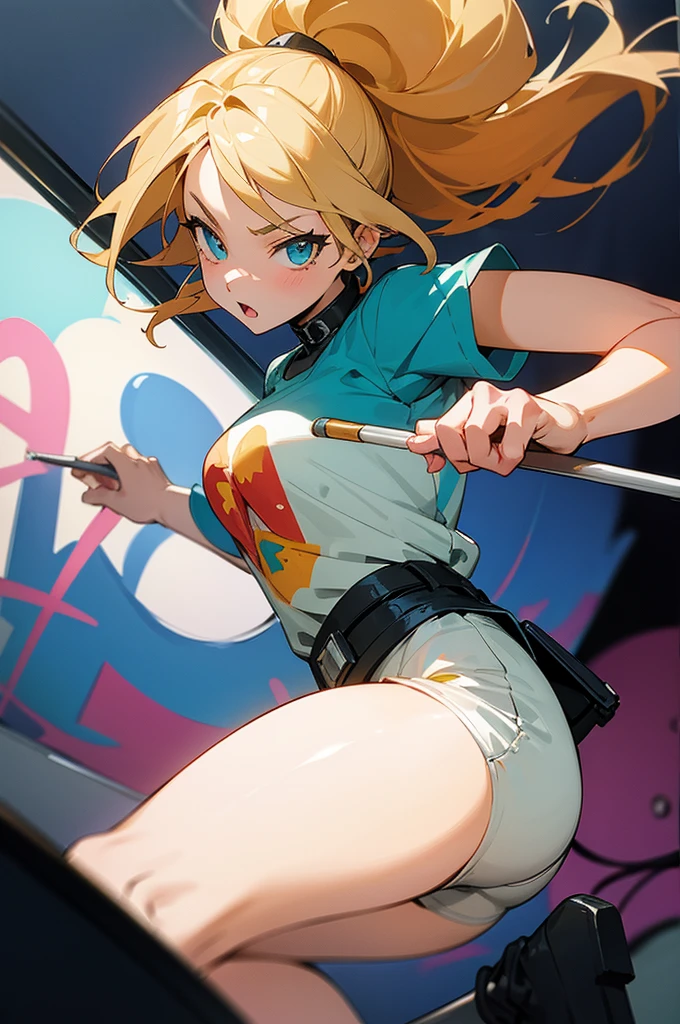 anime style, super fine illustration, highly detailed, dynamic angle, beautiful detailed, 8k, On a summer afternoon, in a photography studio, BREAK a female model is posing in front of the camera. She is wearing a white T-shirt with a graffiti art-style cat illustration.