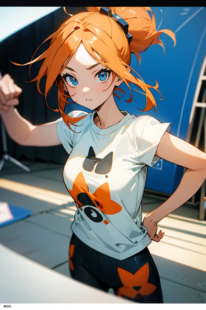 anime style, super fine illustration, highly detailed, dynamic angle, beautiful detailed, 8k, On a summer afternoon, in a photography studio, BREAK a female model is posing in front of the camera. She is wearing a white T-shirt with a graffiti art-style cat illustration.
