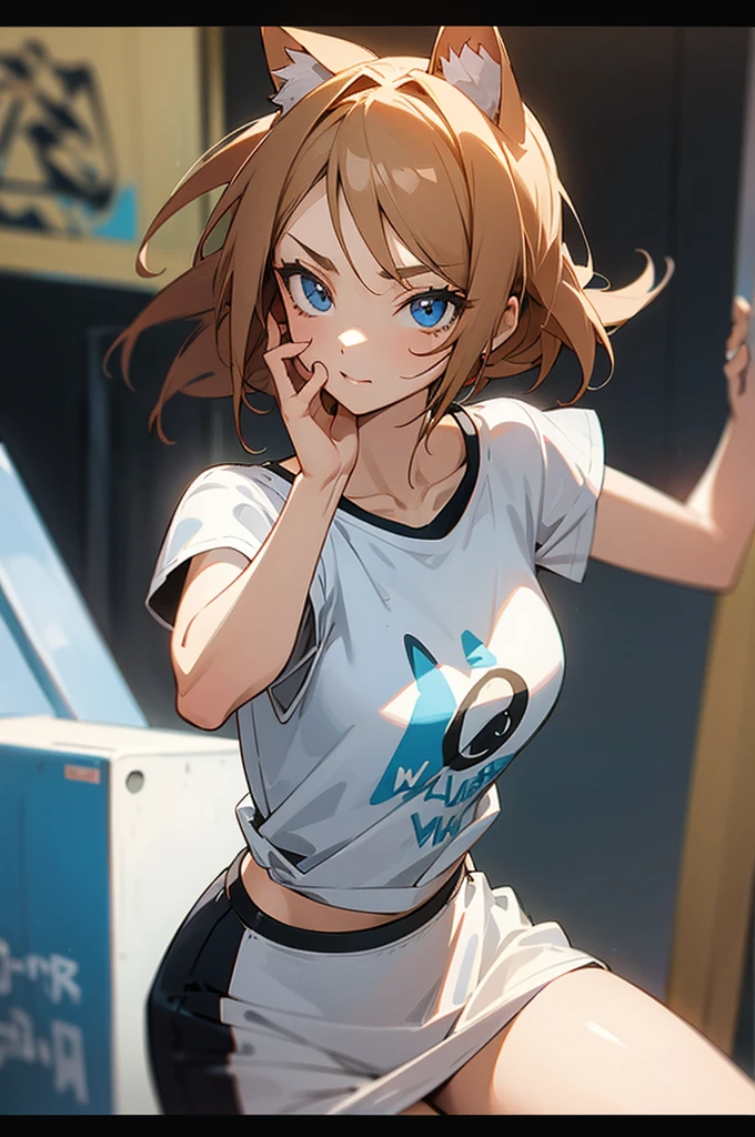 anime style, super fine illustration, highly detailed, dynamic angle, beautiful detailed, 8k, On a summer afternoon, in a photography studio, BREAK a female model is posing in front of the camera. She is wearing a white T-shirt with a graffiti art-style cat illustration.